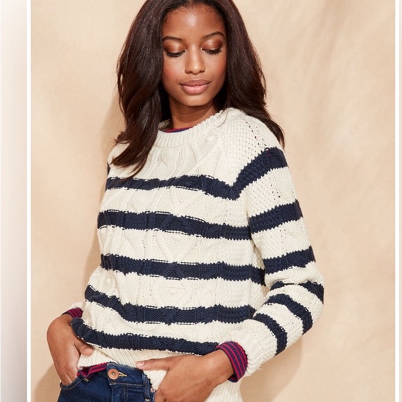 Vineyard Vines navy cream striped crewneck fisherman chunky sweater size SMALL - Picture 5 of 6